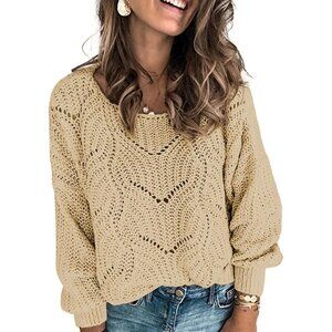 Women's Khaki Cute Elegant Soft Crew Neck Long Sleeve Knit Pullover Sweaters